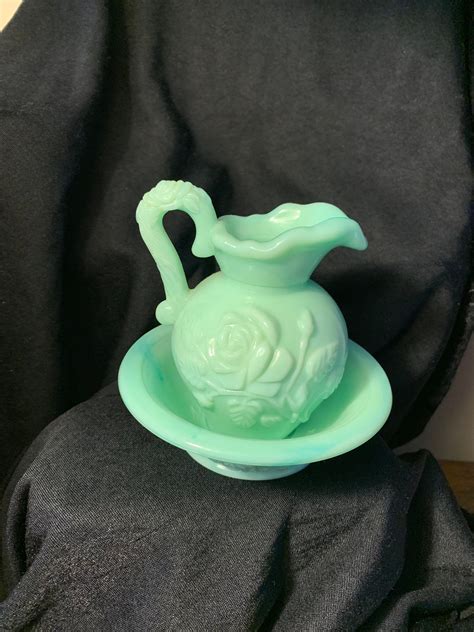 Vintage Skin so Soft 1970's Rose Pitcher and Bowl Bath Oil Decanter Green Victorian Collectable Ad vertisement by VntgByMonica VntgByMonica. . Avon jadeite pitcher and bowl
